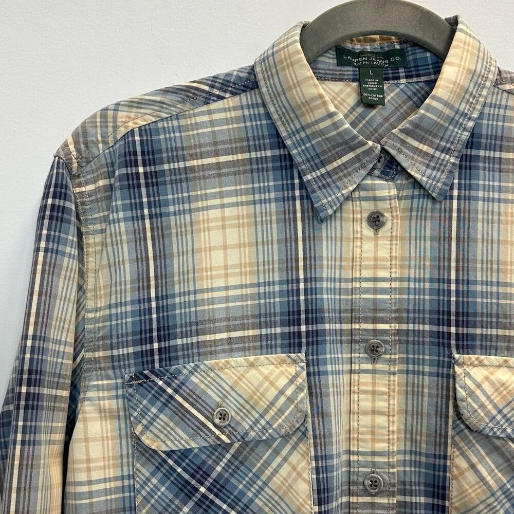 Lauren Ralph Lauren Plaid Button Up Shirt Blue Cream Large
